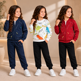 Girls Winter Navy Blue Hoodless Zipper Jacket , White Dinosaur Print & Red Hoodless Zipper Jacket Suit Set ( Pack of three )