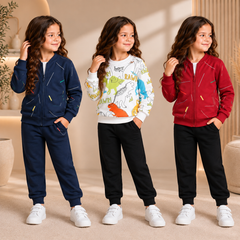 Girls Winter Navy Blue Hoodless Zipper Jacket , White Dinosaur Print & Red Hoodless Zipper Jacket Suit Set ( Pack of three )
