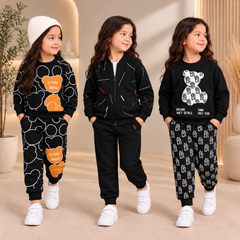 Girls Winter Little Bear Black & Abstract Stripe Black & Letter Print Black Suit Set ( Pack of three )