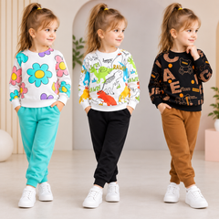 Girls Winter White Aqua Floral & White Multicolor Dinosaur & Black Camel Graphic Suit Set ( Pack of three )