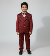 Boys Maroon Designer Coat Pant 4-Piece Set (Ages 2–11 Years)