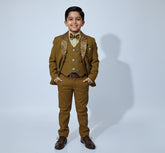 Boys Classic Golden Brown 4-Piece Coat Pant Set (Ages 2 to 11 Years)