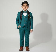 Boys Stylish Teal Green 4-Piece Coat Pant Set (Ages 2 to 11 Years)