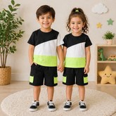 BLACK LIGHT GREEN AND WHITE PANEL T-SHIRT SHORTS SET
