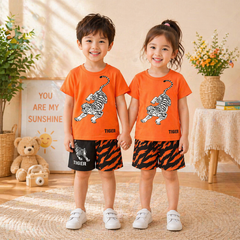 ORANGE & BLACK TIGER PRINTED SHORT SLEEVE KIDS WEAR