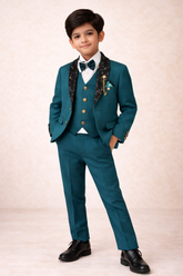 Boys Stylish Teal Green 4-Piece Coat Pant Set (Ages 2 to 11 Years)