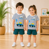 YELLOW & BLUE TANK PRINTED SHORT SLEEVE KIDS WEAR