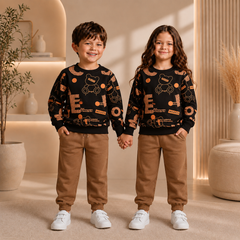 dark brown text design printed kids suit for winter M1