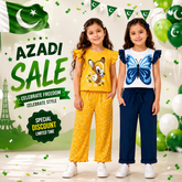 Yellow Deer Print Cotton Co-Ord Set & Blue Butterfly Cotton Co-Ord Set for Girls (Pack of 2) D8