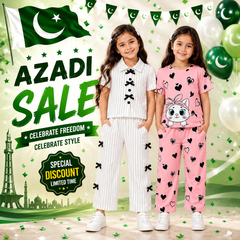 White Ribbon Stripe Co-Ord Set & Pink Kitty Hearts Cotton Co-Ord Set for Girls (Pack of 2) D9