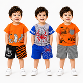 Tiger, Spider & Construction Vehicle Print T-Shirt with Shorts (Pack of 3)
