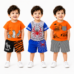 Tiger, Spider & Construction Vehicle Print T-Shirt with Shorts (Pack of 3)