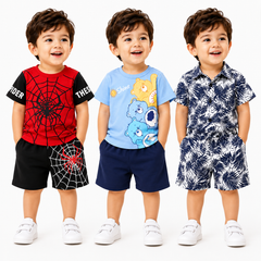 Spider, Care Bears & Tropical Leaf Print T-Shirt with Shorts (Pack of 3)
