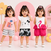 Hello Cat, Cute Kitty & Flamingo Print T-Shirt with Shorts (Pack of 3)