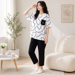 Women’s Black & White Abstract Printed Night Suit – Oversized T-Shirt with Solid Pajama Set