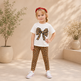 Leopard Bow Kids Co-Ord Set – Trendy T-Shirt & Printed Tights
