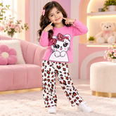 Pink Kitty Print Top with Leopard Print Trouser Set for Girls