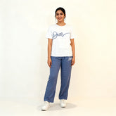 Women’s White & Blue Printed Night Suit Set – Casual Cotton T-Shirt with Straight Pajama