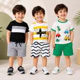 Black Stripe, Yellow Airplane & Dinosaur Cars T-Shirt with Shorts (Pack of 3)