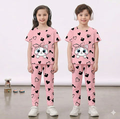 Pink Kitty with black hearts Printed Kids Wear