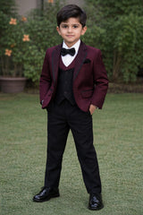 Boys Maroon & Black 3-Piece Formal Suit – Premium Party & Wedding Wear (Ages 2–11 Years)