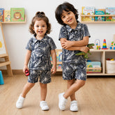 Kids Tropical Leaf Print Polo Shirt & Shorts Co-Ord Set – Navy Grey