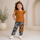 Borwn Flutter Sleeve Top & Black White Tropical Print Bow Pants Co-Ord Set for Baby Girls