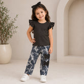 Black Flutter Sleeve Top & Black White Tropical Print Bow Pants Co-Ord Set for Baby Girls