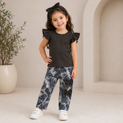 Black Flutter Sleeve Top & Black White Tropical Print Bow Pants Co-Ord Set for Baby Girls