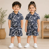 Kids Tropical Leaf Print Polo Shirt & Shorts Co-Ord Set