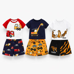 Fire Truck, Excavator & Tiger Print T-Shirt with Shorts (Pack of 3)