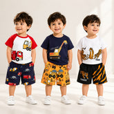 Fire Truck, Excavator & Tiger Print T-Shirt with Shorts (Pack of 3)