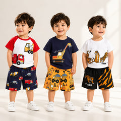 Fire Truck, Excavator & Tiger Print T-Shirt with Shorts (Pack of 3)