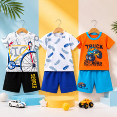 Bicycle, Feather & Monster Truck Print T-Shirt with Shorts (Pack of 3)
