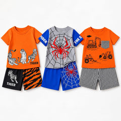 Tiger, Spider & Construction Vehicle Print T-Shirt with Shorts (Pack of 3)