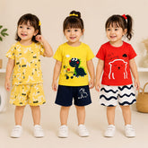 Yellow Dino, Alphabet & Red Bear Cotton T-Shirt & Shorts Co-Ord Set ( Pack of 3 )