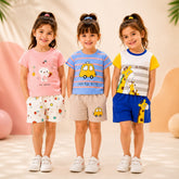 Kitty Print, Lucky Kid Car Print & Giraffe Print Girls Pack of 3 Summer Cotton Co-Ord Sets ( Pack of three )