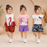 Brown Flamingo, Unicorn & Kitty Premium Cotton Co-Ord Set for Toddler Girls (Pack of 3)