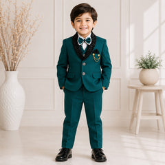Boys’ Teal Green Formal 3-Piece Suit Set with Tuxedo Blazer, Waistcoat, Shirt & Bow Tie