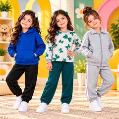 Blue Hoodie & Green Bow & Grey Tracksuit Girls Dress – Pack of 3