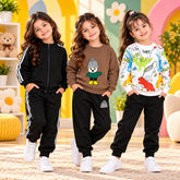 Black Stripe Tracksuit & Brown Bear & Dinosaur Girls Dress – Pack of 3