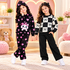 Black Pink Heart Cat & Black Bow Checkered Girls Co-Ord Set