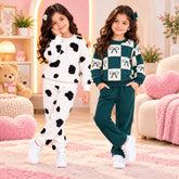 Black White Cow Print & Teal Bow Checkered Girls Co-Ord Set