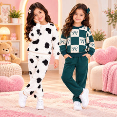 Black White Cow Print & Teal Bow Checkered Girls Co-Ord Set