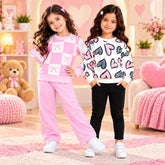 Pink Bow Checkered & Heart Print White Girls Sweatshirt Set
