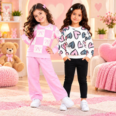 Pink Bow Checkered & Heart Print White Girls Sweatshirt Set