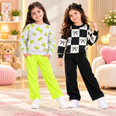 Lime Green Bow Print & Black Bow Checkered Girls Co-Ord Set