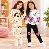 Cream Puppy Print & White Floral Girls Winter Co-Ord Sets – Pack of 2