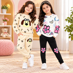 Cream Puppy Print & White Floral Girls Winter Co-Ord Sets – Pack of 2