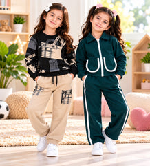 Black Graphic & Teal Green Zipper Girls Winter Co-Ord Sets – Pack of 2